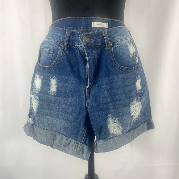 Blue asphalt distressed, folded, ripped,Jean shorts, high rise, size Small - Picture 5 of 5